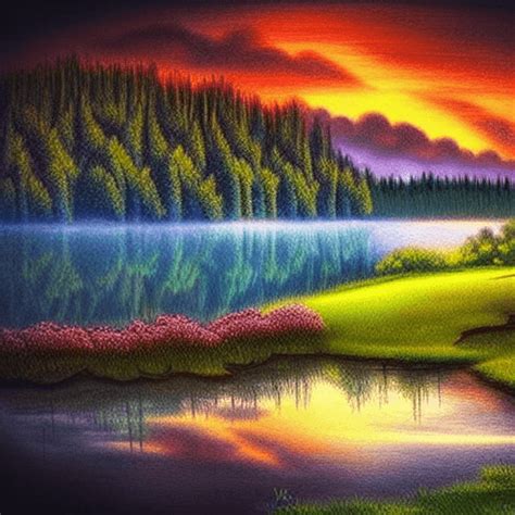 Beautiful Landscape With Lake Wood Sky Sunset Fantasy Art · Creative