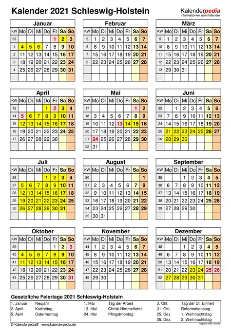 Bei den, in diesem ferienkalender 2021 angegebenen pfingstferienterminen für deutschland wird jeweils der. Kalender 2021 Schleswig-Holstein: Ferien, Feiertage, Word ...