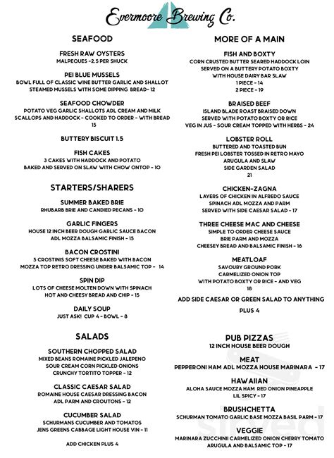 Evermoore Island Dining And Brewing Menu In Summerside Prince Edward