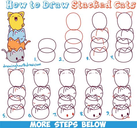 How to Draw Cute Kawaii Cats Stacked on Top of Each Other - Easy Step
