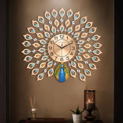 21 Inch 3D Luxury 40pcs Diamonds Peacock Decorative Clock Metal Wall