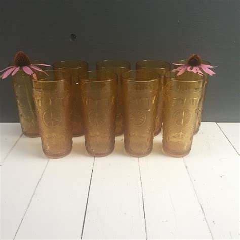 Vintage 1960s American Concord Drinking Glasses Set Of Nine Vintage Amber Glassware Mid