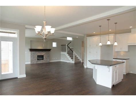 The warmth of the wood floor gives. Love this! Dark floors, gray walls, white cabinets & trim ...