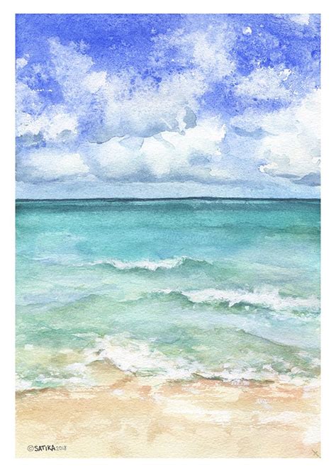 Watercolor Painting Of Sea Watercolour Blue Caribbean Sea Landscapes