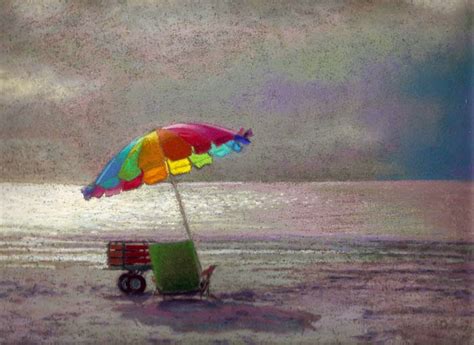 Named only love can break. Pastel Painting: Bright Beach Umbrella Grey Skies Seascape ...