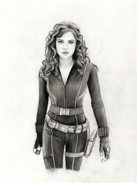 A Pencil Drawing Of A Woman In Black Widow Suit