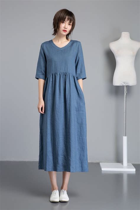 Linen Dress Pockets Simiple Linen Dress Shift Dress Women Blue Linen