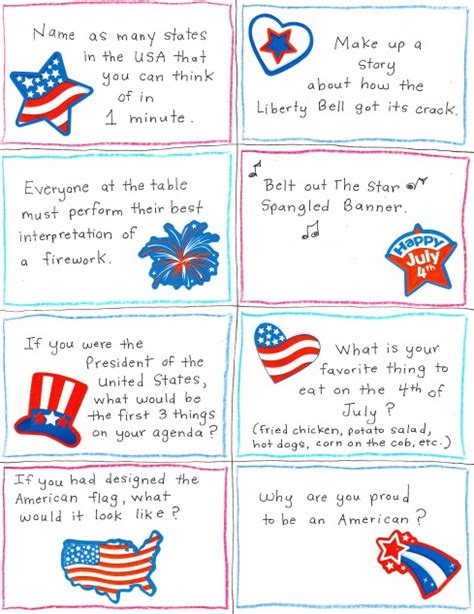 Jul 22, 21 05:20 pm hand out the first two pages of the printable and have participants mark their answers on it. Conversation Starters For the 4th of July - 24/7 Moms