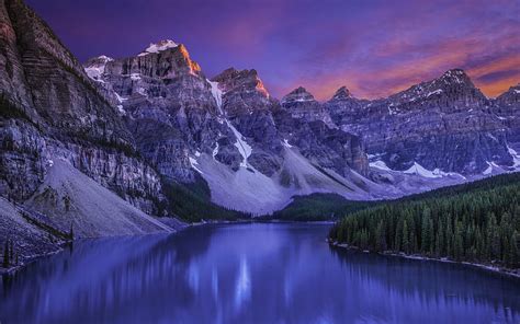 Lake Moraine In Banff National Park Canada Sunset Twilight Hd Wallpaper