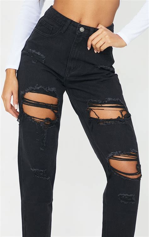 Plt Washed Black Ripped Mom Jeans Prettylittlething Usa
