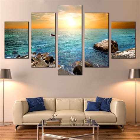 Ocean Rocks Canvas Print Blue Sea Stony Beach 3 Piece Canvas Wall Art