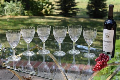antique needle etched crystal wine glasses set of 6 circa etsy crystal wine glasses etched
