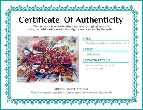 Certificate Of Authenticity Templates Art Car Autograph Photo