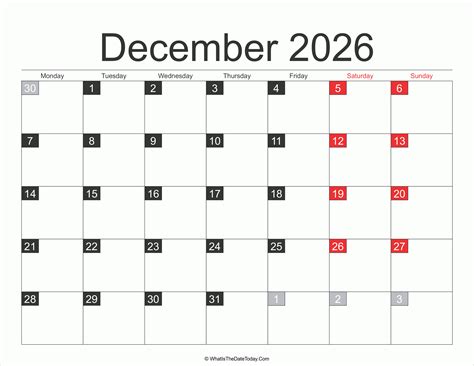 2026 December Calendar Printable Whatisthedatetodaycom
