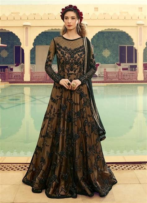 Black Golden Traditional Embroidered Anarkali Gown Party Wear Gown