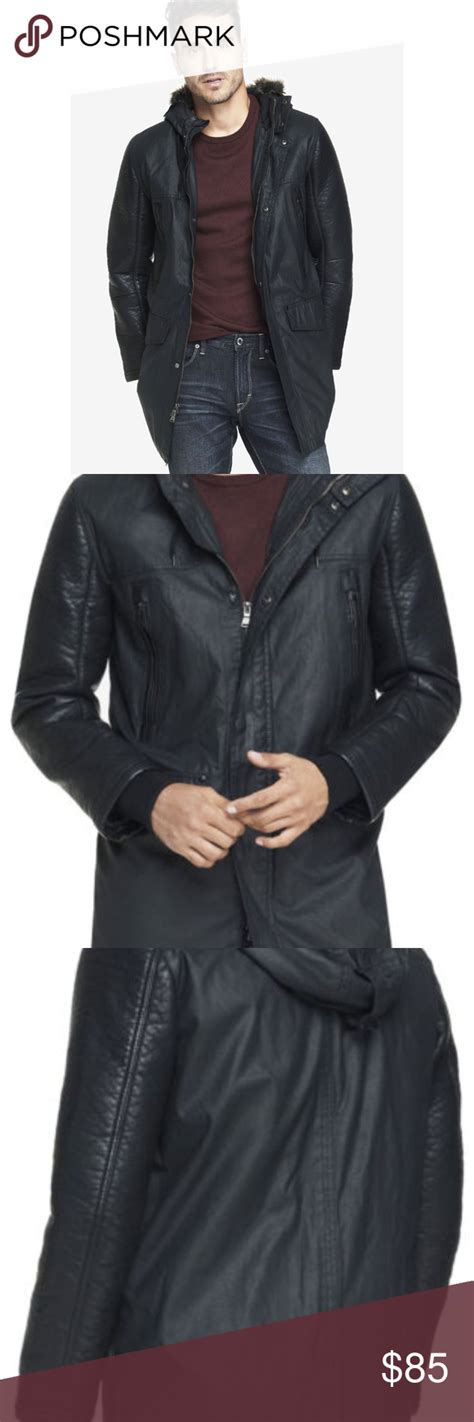 Express Mens Leather Sleeve Hooded Parka Fur Coat Leather Sleeve