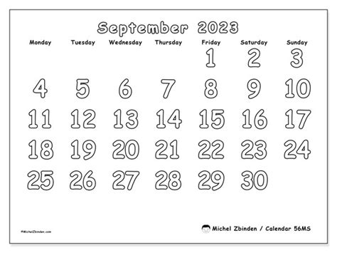 September 2023 Printable Calendar “56ms” Michel Zbinden Us