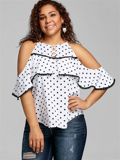Gamiss Women Plus Size Polka Dot Cold Shoulder Flounce Top Womens
