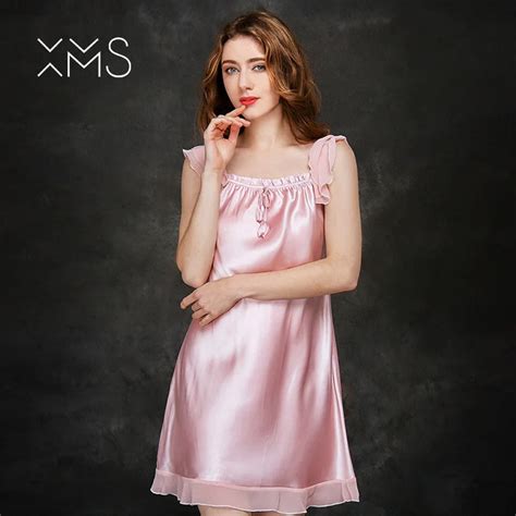 Xms Sexy Silk Satin Lace Nightgown For Women Sleeveless Dress Flounce