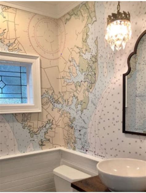Nautical Chart Wallpaper With Wainscotingtile Or Shiplap For Economy