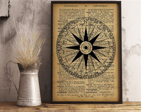 compass poster vintage illustration dictionary print compass cotton canvas print beach house