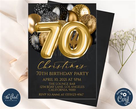 70th Birthday Invitation Template Editable Black And Gold Etsy