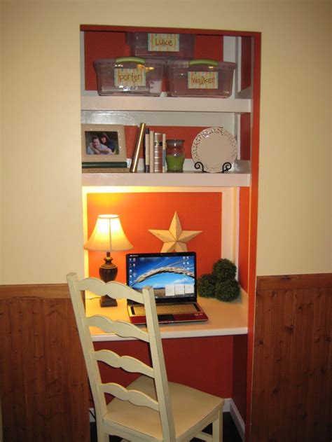 In a small closet that won't fit a desk, you can install a piece of countertop or plywood cut to size by attaching cleats to the walls. Picture Of Diy Closet Desk After