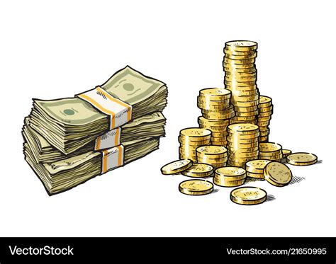 Dollar Bills And Stack Of Gold Coins Set Hand Vector Image
