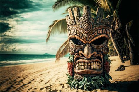 Traditional Exotic Tiki Mask God S Head On Beach Stock Illustration Illustration Of Party