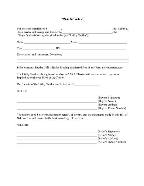 Utility Trailer Bill Of Sale Form Fillable PDF Free Printable Legal Forms