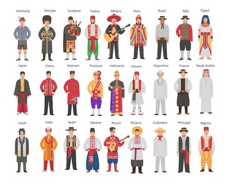 Grande conjunto de homem em trajes folclóricos de diferentes países