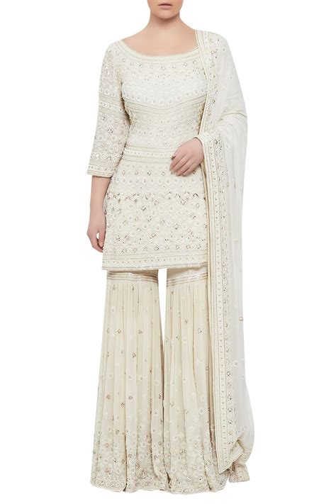 Buy Nakul Sen Off White Chiffon Sequin And Pearl Hand Embroidered Kurta And Sharara Set Online