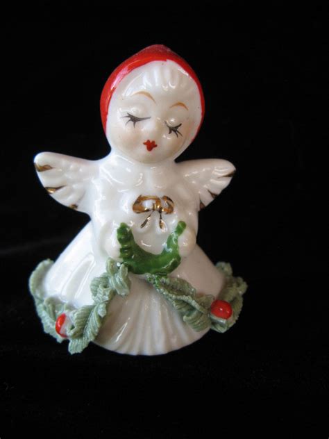Vintage Christmas Figurine Tiny Ceramic Angel Girl With Holly Etsy