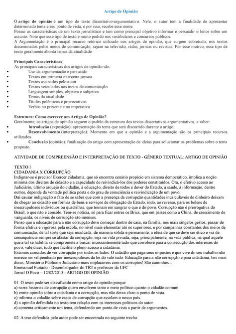 Atividade Sobre Artigo De Opinião 9 Ano