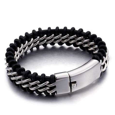 silver color stainless steel leather bracelet men 18mm wide mens leather bracelets jewelry