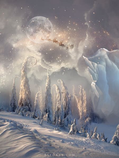 Christmas Night Magic Scene With Flying Santa Magic Christmas Card