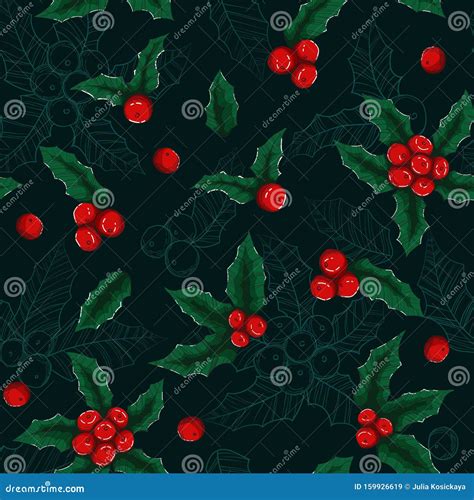 Holly Mistletoe Natural Winter Vector Christmas Seamless Pattern Stock