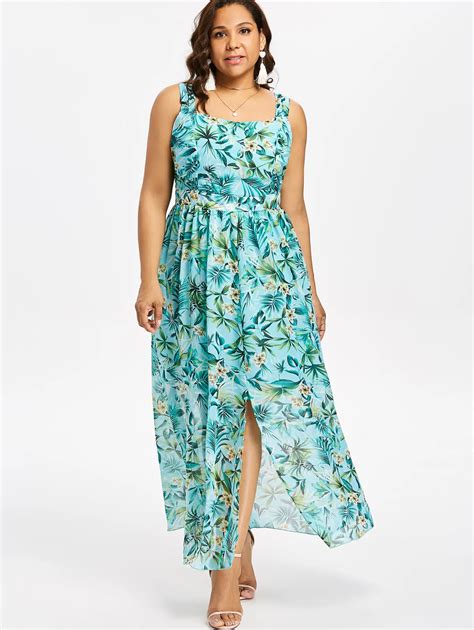 5xl Plus Size Sleeveless Maxi Hawaiian Floral Front Split Dress Square Neck High Waisted Ankle