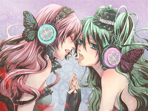 2girls Aqua Eyes Aqua Hair Butterfly Hatsune Miku Headphones Long Hair