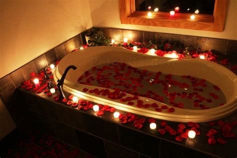 Floating Silk Rose Petals In Tub With Candles Romantic Ideas
