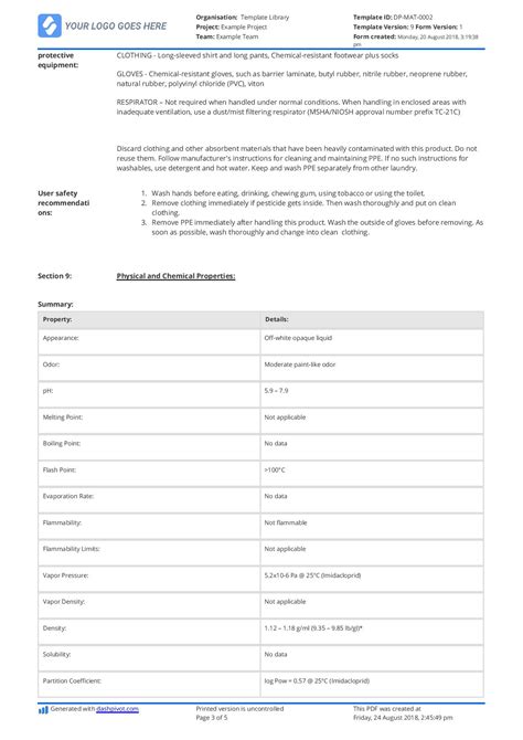 Example Of Material Safety Data Sheet Msds Free And Customisable