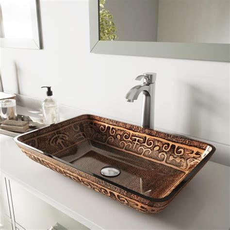Whether your bathroom calls for a centerset or widespread faucet or chrome, brushed nickel, or matte black finish, we've designed sink faucets that are engineered to exceed your. Shop VIGO Brown and Gold and Brushed Nickel Glass Vessel Bathroom Sink with Faucet (Drain ...
