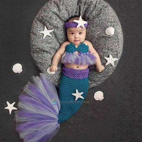 3pcs Newborn Baby Crochet Knit Mermaid Dress Costume Outfit Photo