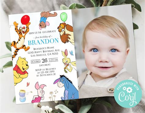 Winnie The Pooh First Birthday Invitation Card Photo Picture Etsy