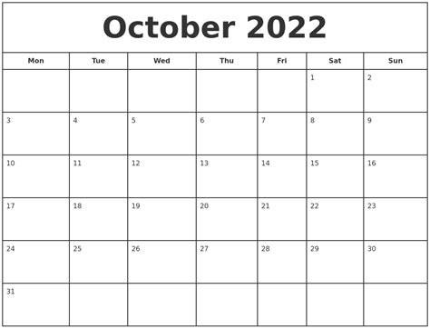 October 2022 Print Free Calendar