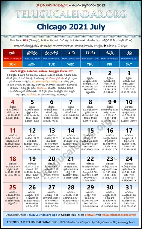 Chicago Telugu Calendar 2021 July Festivals And Holidays Ist
