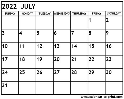 July 2022 Calendar Printable