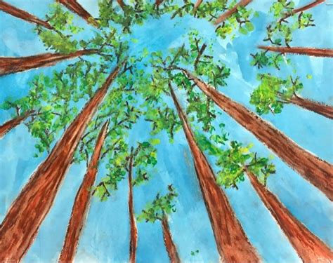 An Acrylic Painting Of Trees With Blue Sky In The Background