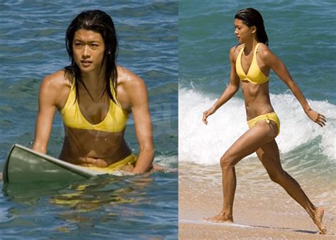 Pictures Of Grace Park Wearing A Yellow Bikini Surfing On The Set Of