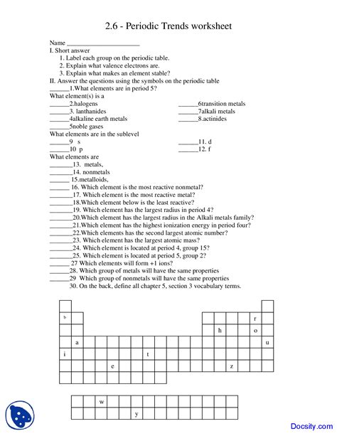 Periodic table puzzle lab answer key from introduction to periodic table lab activity worksheet answer key , source:jidiletter.co. Periodic Trends Worksheet - General Chemistry - Quiz - Docsity